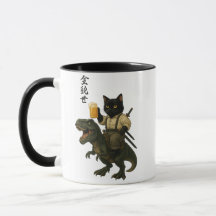 ビールとティラノサウルスに乗った猫の侍 | レトロな日本風アート