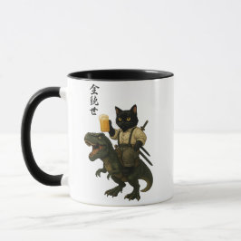 ビールとティラノサウルスに乗った猫の侍 | レトロな日本風アート マグカップ