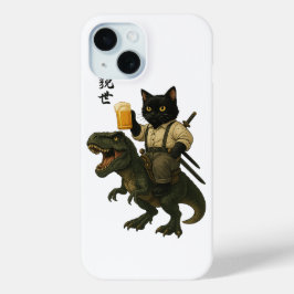 ビールとティラノサウルスに乗った猫の侍 | レトロな日本風アート iPhone 15ケース