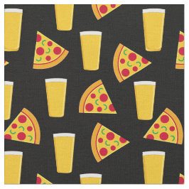 ビールとピザの食べ物柄の黒い生地 ファブリック