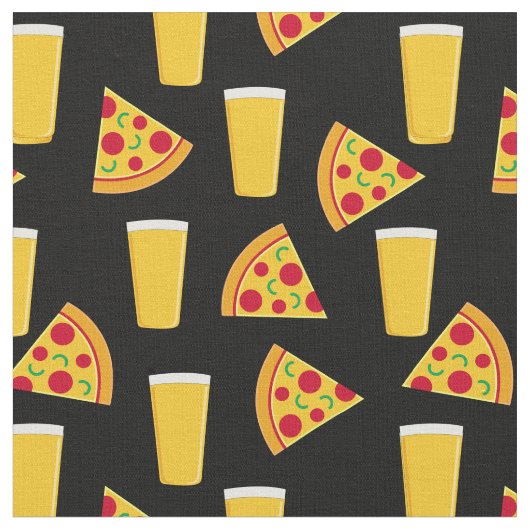 ビールとピザの食べ物柄の黒い生地 ファブリック (クローズアップ)