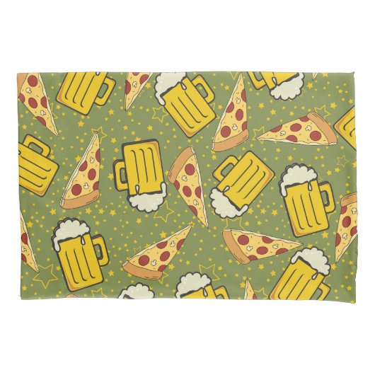 ビールとピザパターン 枕カバー (正面)