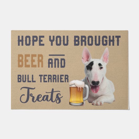 ビールとブルテリアのトリートマットを持って来てほしい ドアマット (正面)