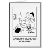 ビールとボトルオープナーの傷害の漫画。 (正面)