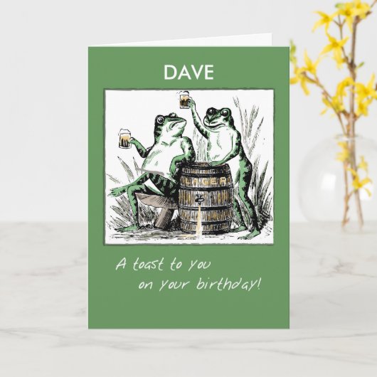ビールと焼いている名前をカスタムするの誕生日のカエル カード (黄色い花)