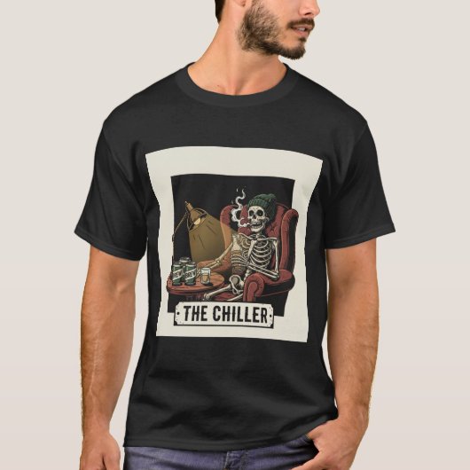 ビールと煙草を楽しむリラックスしたスケルトン Tシャツ (正面)