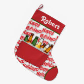 ビールのハッピーホリデー付き赤いアイチェスト ラージクリスマスストッキング (正面 (吊り時))