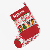 ビールのハッピーホリデー付き赤いアイチェスト ラージクリスマスストッキング (裏面 (吊り時))