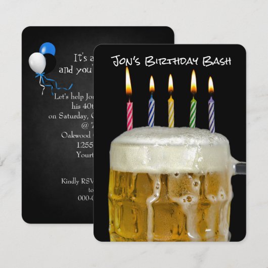 ビールの中の誕生日パーティーキャンドル 招待状 (正面/裏面)