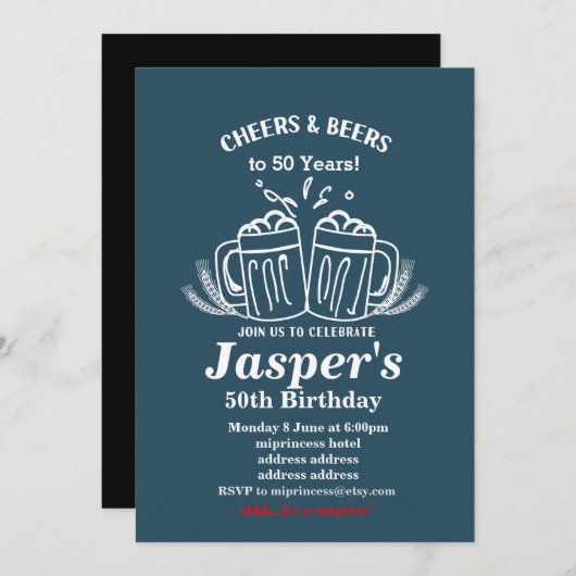ビールの誕生日の招待、任意の年への応援! 招待状 (正面/裏面)