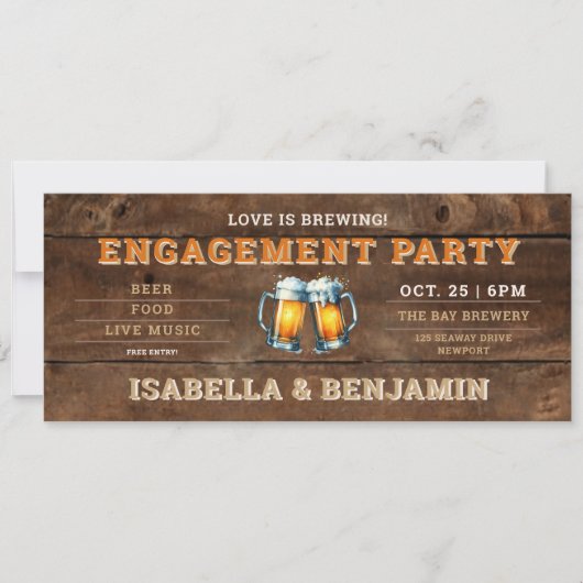 ビールをテーマにした醸造所ウッドチケット婚約パーティ 招待状 (正面)