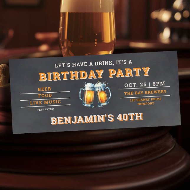 ビールをテーマにした醸造所メンズ40歳の誕生日ブラック (men's 40th birthday party invitation beer themed brewery backyard oktoberfest black)