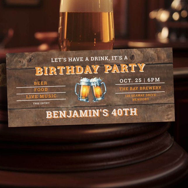 ビールをテーマ素朴にしたビール醸造男子40歳の誕生日 (men's 40th birthday party invitation beer themed brewery backyard oktoberfest wood)