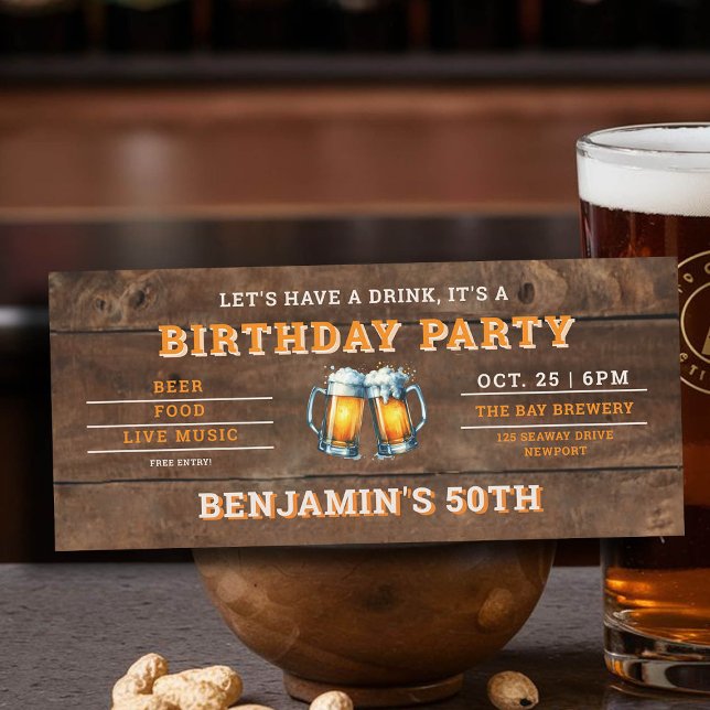 ビールをテーマ素朴にした醸造所メンズ50誕生日 (men's 50th birthday party invitation beer themed brewery backyard oktoberfest wood)