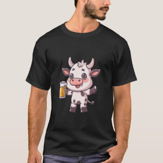 ビールを持つ牛のコミック 楽しいパーティー Tシャツ