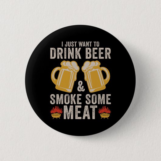 ビールを飲み、肉のバーベキューのグリルを吸う 缶バッジ (正面)