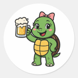 ビールを飲むカメ ラウンドシール