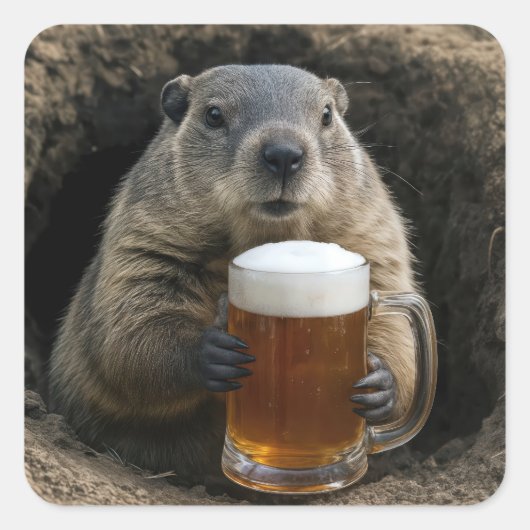 ビールを飲むグラウンドホッグ スクエアシール (正面)