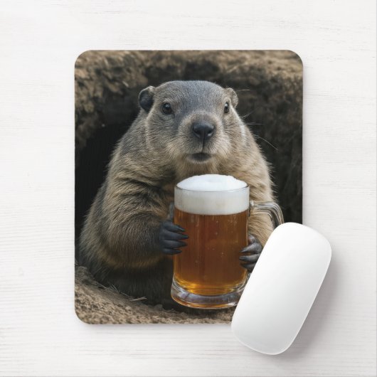 ビールを飲むグラウンドホッグ マウスパッド (マウス)