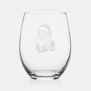 ビールを飲むサンタクロースのクリスマス グラフィック ステムなしワイングラス