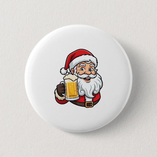 ビールを飲むサンタクロースのクリスマス グラフィック 缶バッジ (正面)
