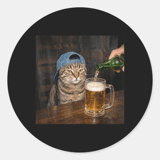 ビールを飲む猫の帽子 グラフィック 落胆 ラウンドシール (正面)