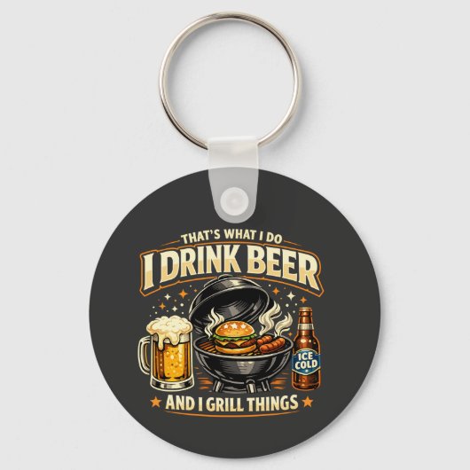 ビールを飲んでバーベキューするキーチェーン キーホルダー (正面)