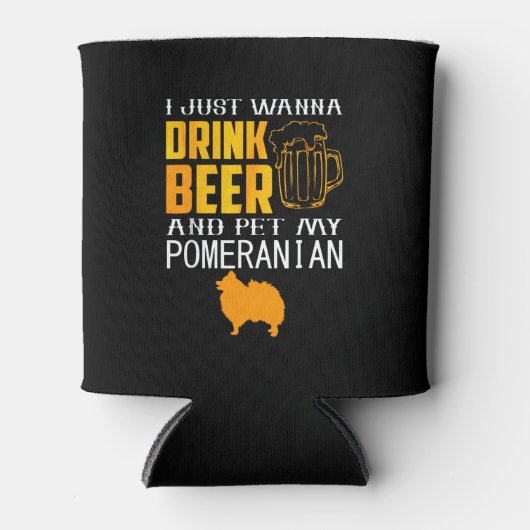 ビールを飲んでポメラニア犬を撫でる 缶クーラー (正面)