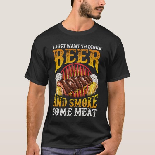 ビールを飲んで肉のバーベキューを吸いたいおもしろい Tシャツ (正面)