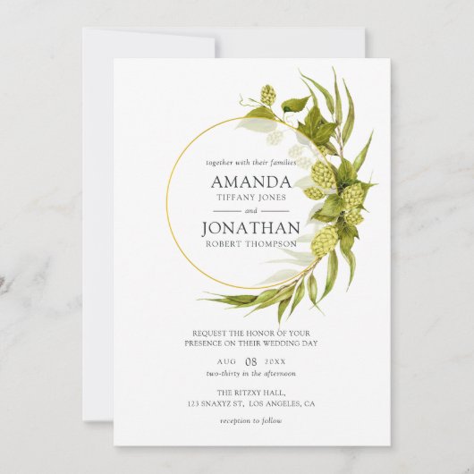 ビールウィローグリーンと金ゴールドジオメトリック結婚ズ 招待状 (正面)