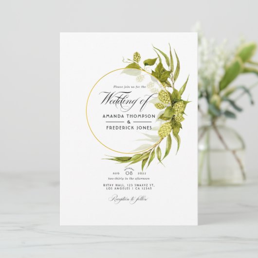 ビールウィローグリーンと金ゴールド結婚幾何学写真 招待状 (スタンド正面)