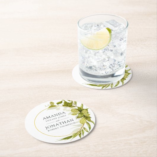 ビールウィロー緑と金ゴールド幾何結婚イン ラウンドペーパーコースター (インサイチュ)