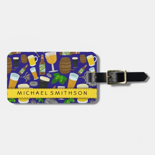 ビールガラスボトルホップと大麦パターン ラゲッジタグ (正面横)