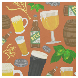 ビールガラスボトルホップと大麦模様オレンジ ファブリック