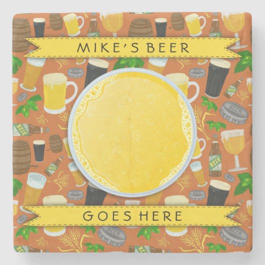 ビールガラスボトルホップ及び大麦パターンカスタム ストーンコースター (正面)