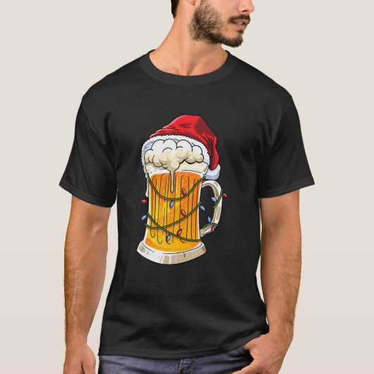 ビールクリスマスマグサンタハットクリスマスライト男性女性 Tシャツ (正面)