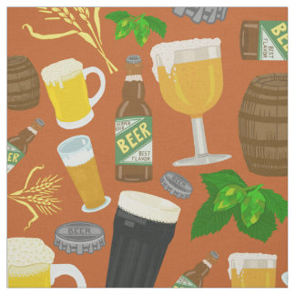 ビールグラスボトルホップと大麦パターンオレンジ ファブリック