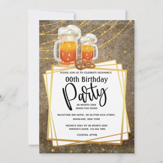 ビールストリングライトDIYフォトメンズ誕生日パーティー 招待状 (正面)