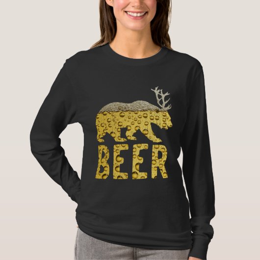 ビールバブル熊+鹿=ビールベア〔雄ジカの〕枝角 Tシャツ (正面)