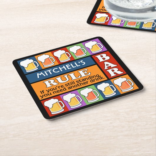 ビールバーのポップアートの名前をカスタムするのコースター スクエアペーパーコースター (アングル)
