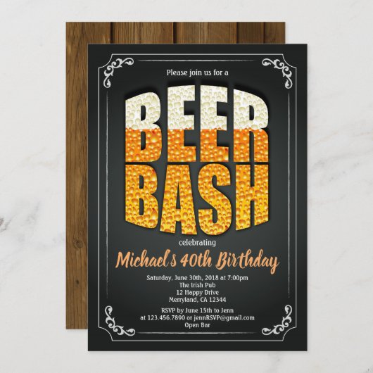 ビールバースデーパーティーの男性レトロバーの掲示板 招待状 (正面/裏面)