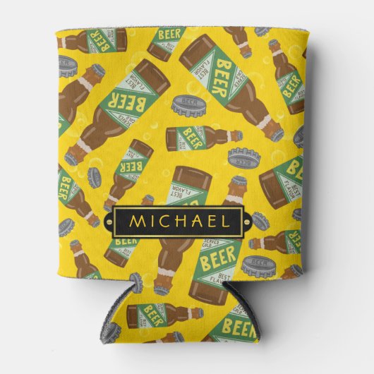 ビールボトルの模様(名前の付いた泡レトロ) 缶クーラー (正面)