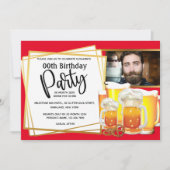 ビールマグカップ プレッツェル DIY フォト 男性 誕生日 赤 招待状 (正面)