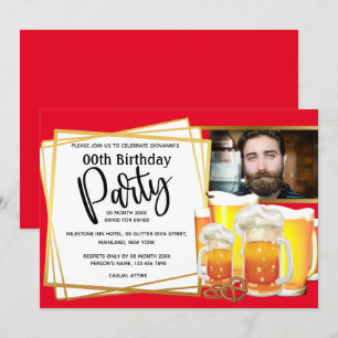 ビールマグカップ プレッツェル DIY フォト 男性 誕生日 赤 招待状