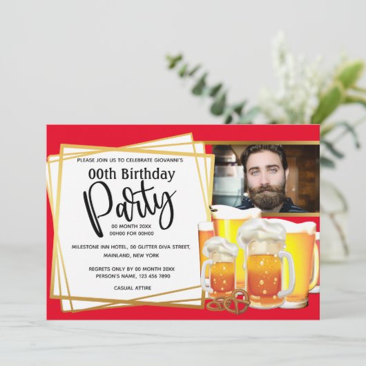 ビールマグpretzel DIY写真メンズバースデーレッド 招待状 (スタンド正面)