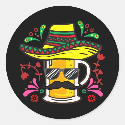 ビールマグSombrero Mustache Cinco De Mayo Mexican ラウンドシール (正面)