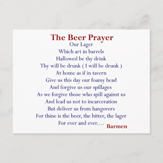 ビールユーモアのあるTシャツ&ギフト、ビール祈りの言葉! ポストカード (正面)