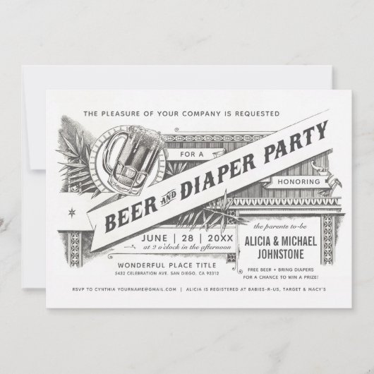ビール及びおむつのパーティーのベビーシャワー招待状 招待状 (正面)