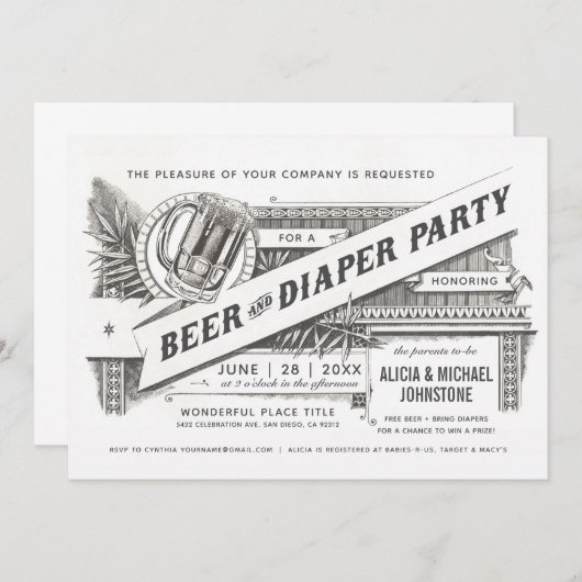 ビール及びおむつのパーティーのベビーシャワー招待状 招待状 (正面/裏面)