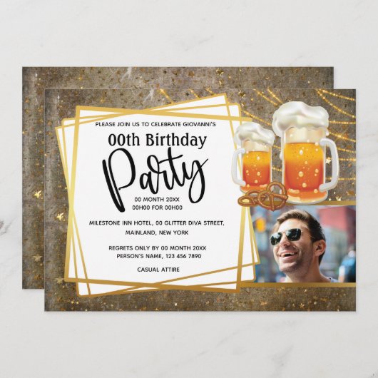 ビール応援ストリングライトDIYフォトメンズ誕生日 招待状 (正面/裏面)